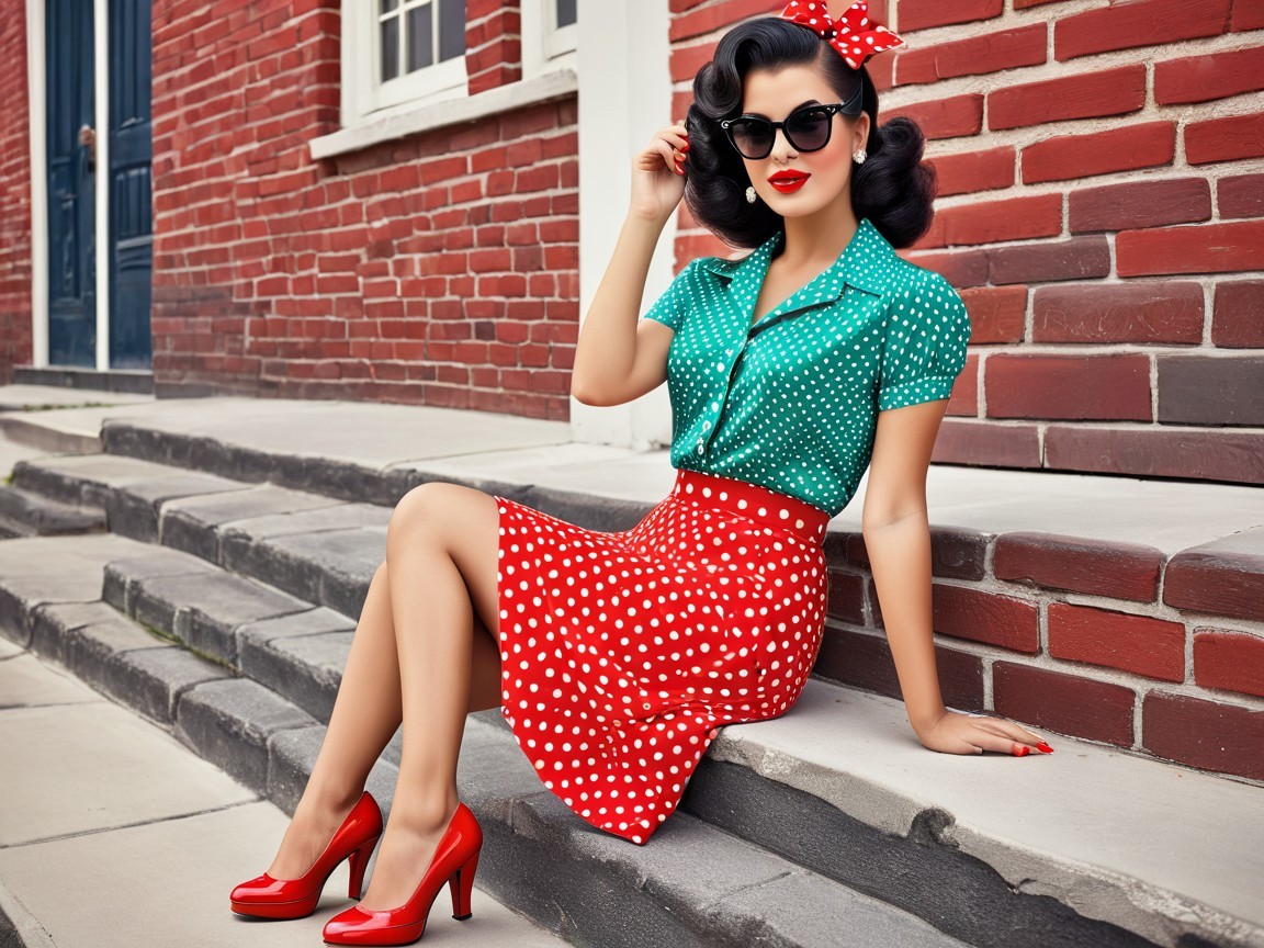 Vintage Fashion: Woman in Teal and Red Polka Dots