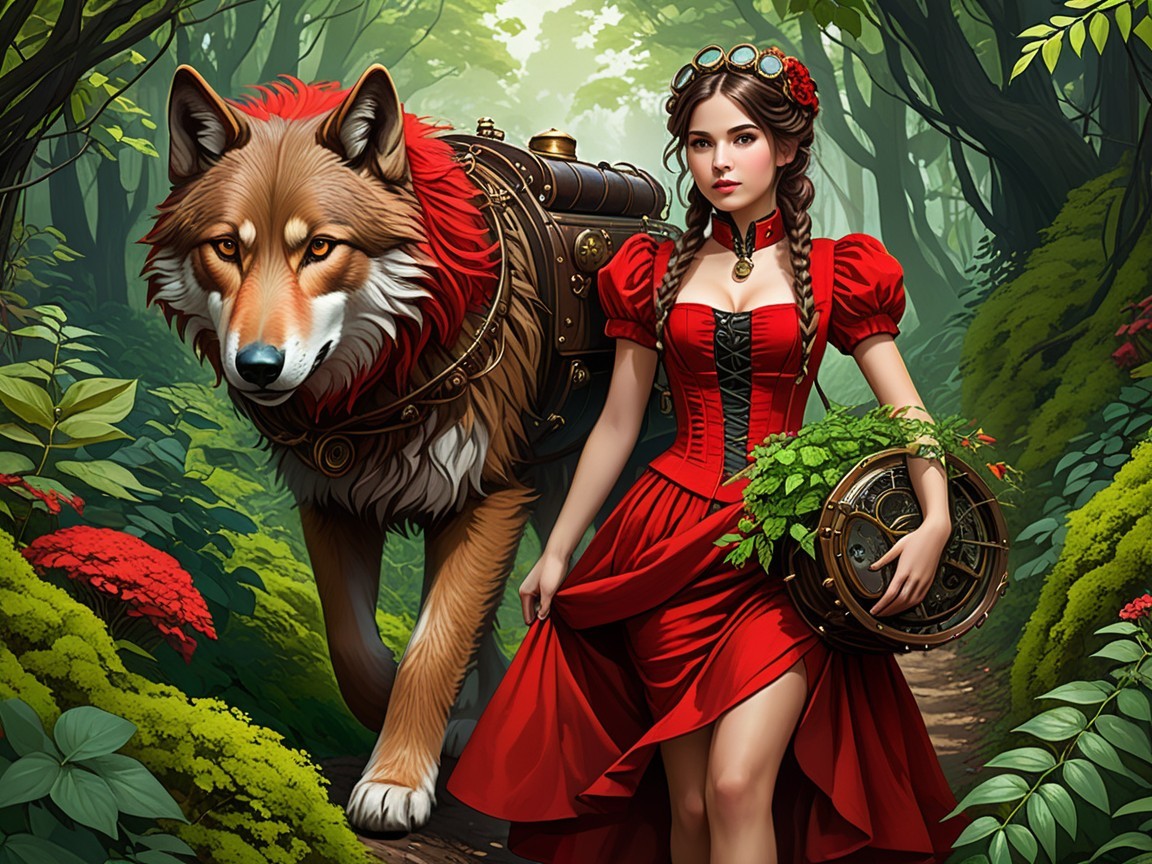 Young Woman in Red Dress with Steampunk Wolf in Forest