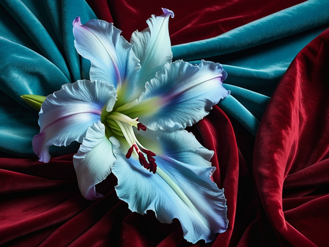 Delicate blue gladiolus flower on luxurious fabric backdrop
