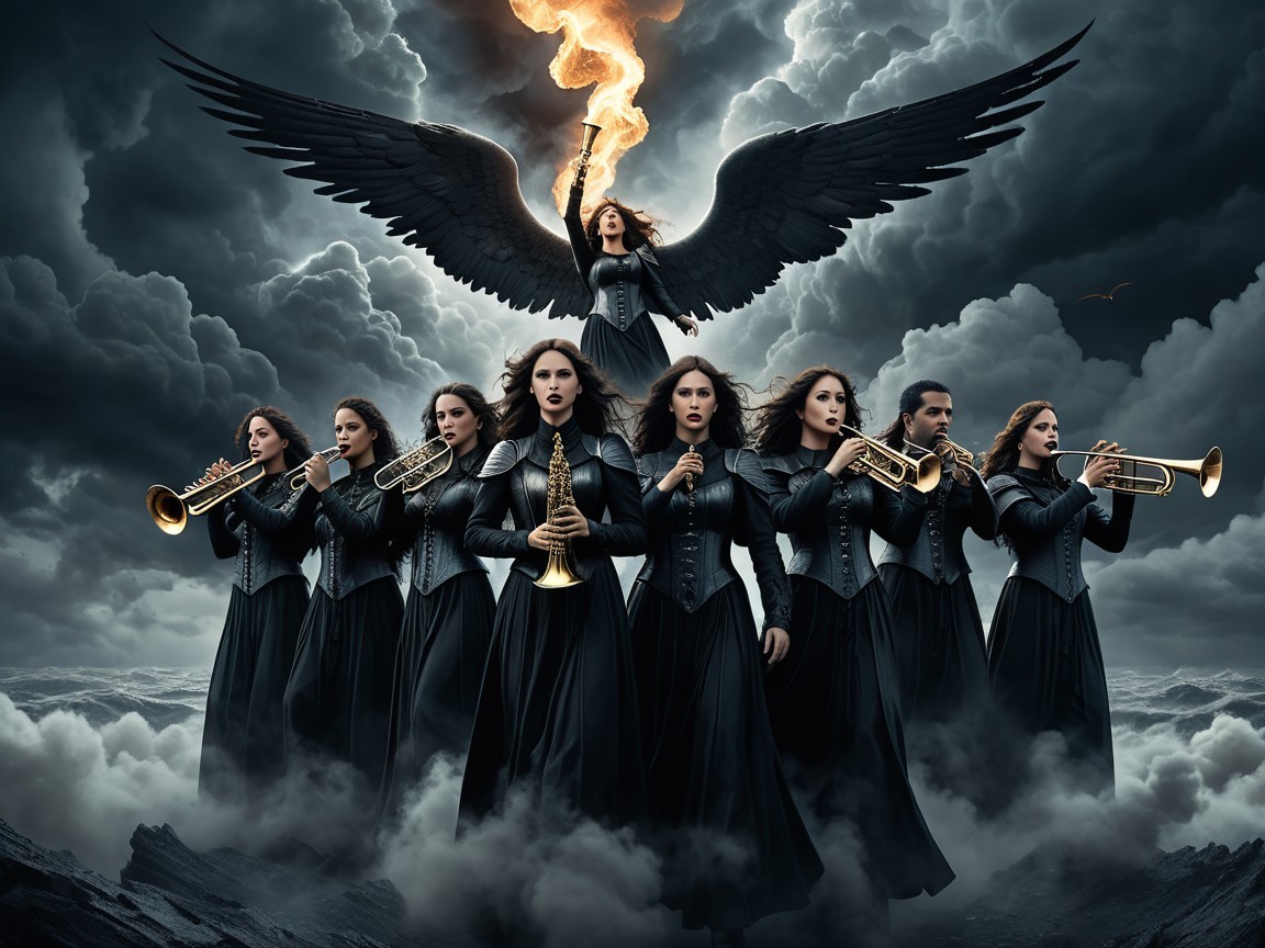 Dramatic Scene of Musicians in Dark Gowns with Wings