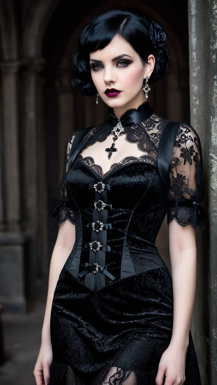 Model in Black Lace Gown Against Gothic Architecture