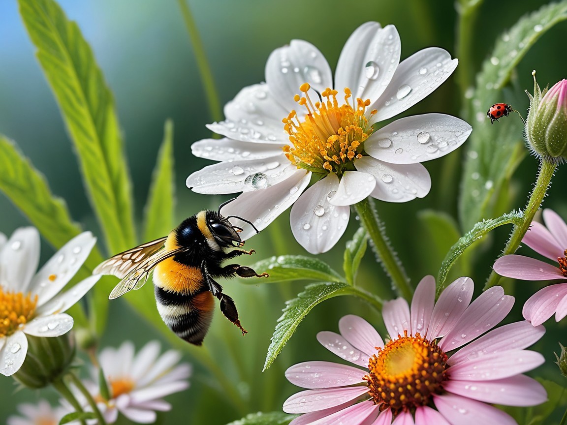 Vibrant garden scene with bumblebee and flowers