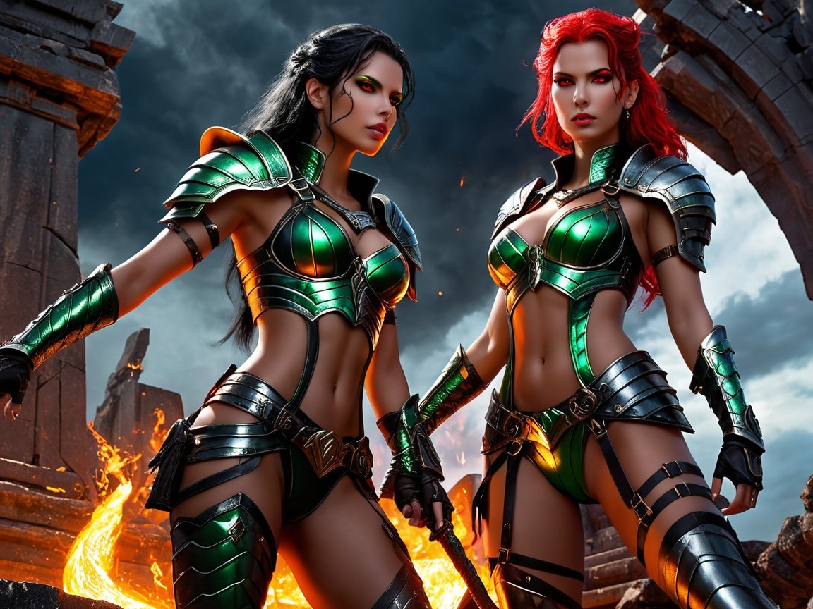 Fierce Female Warriors in Intricate Green Armor