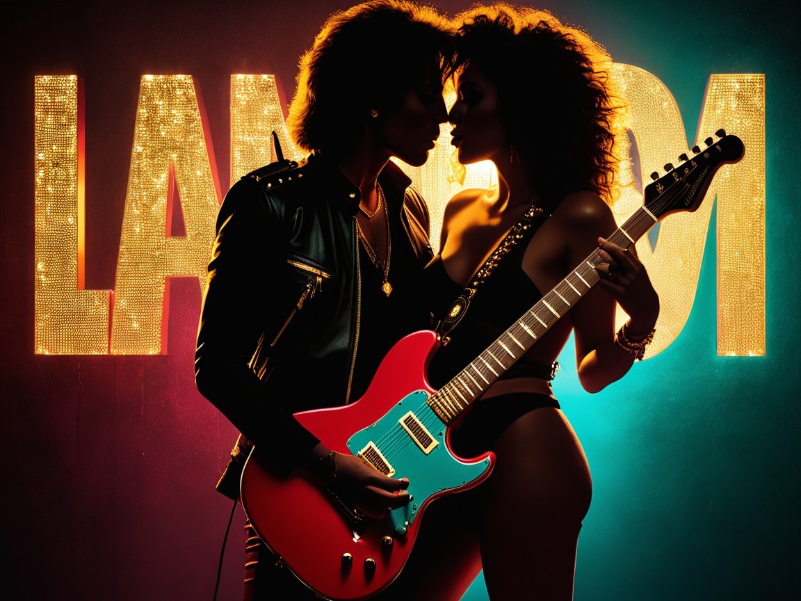 Silhouette of a Couple with Guitar and Colorful Lights