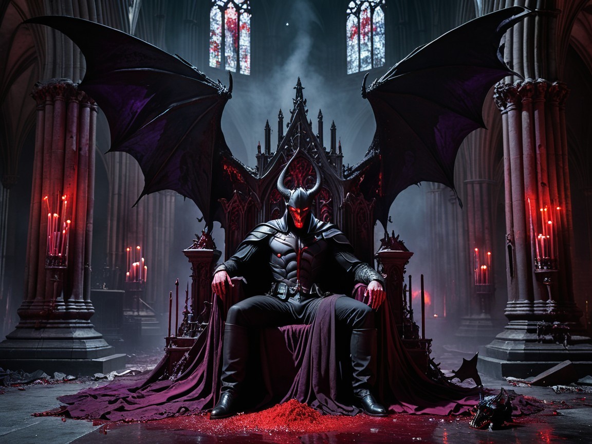Gothic Cathedral Scene with Dark Throne and Menacing Figure