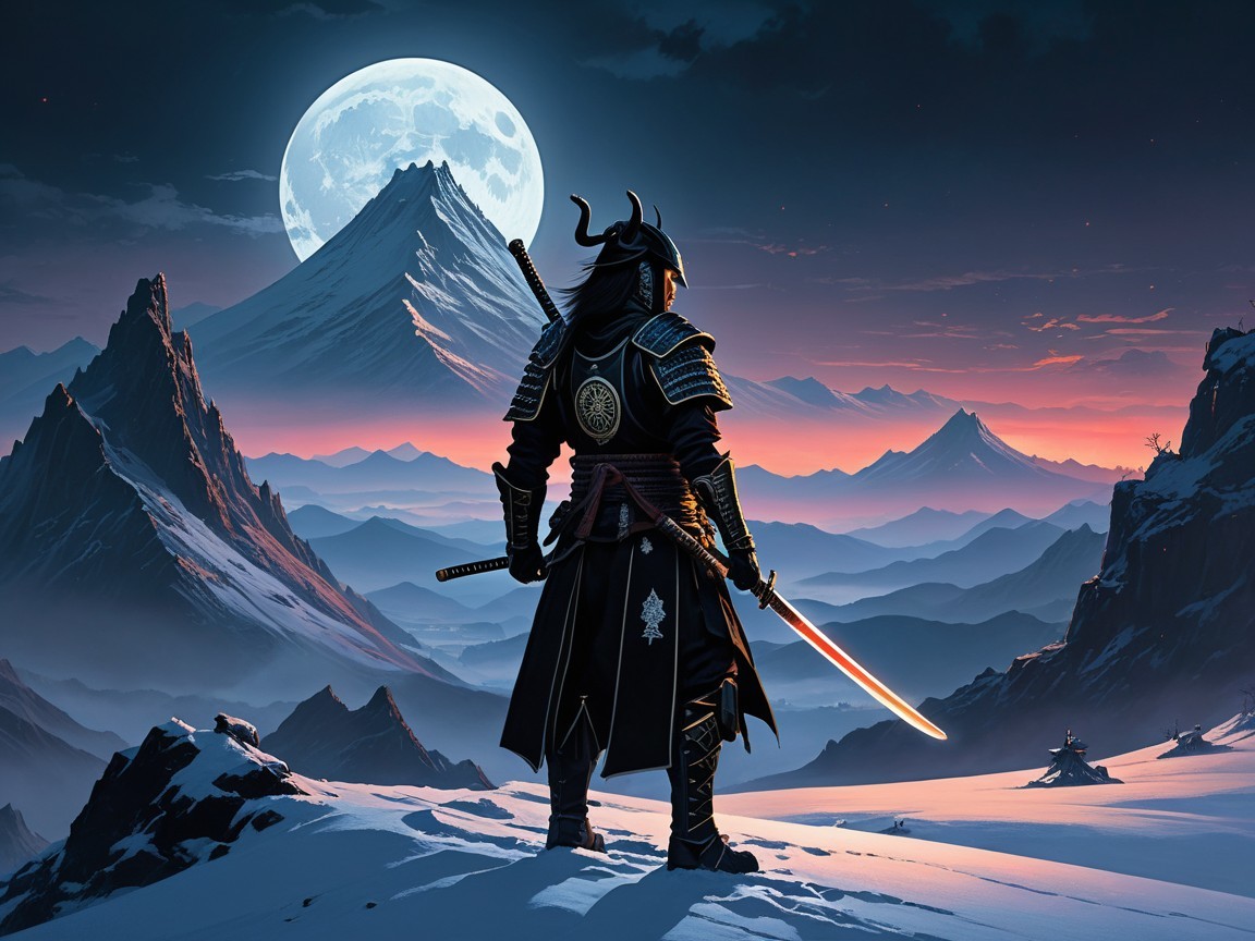 Samurai on Snowy Peak Under Full Moonlight