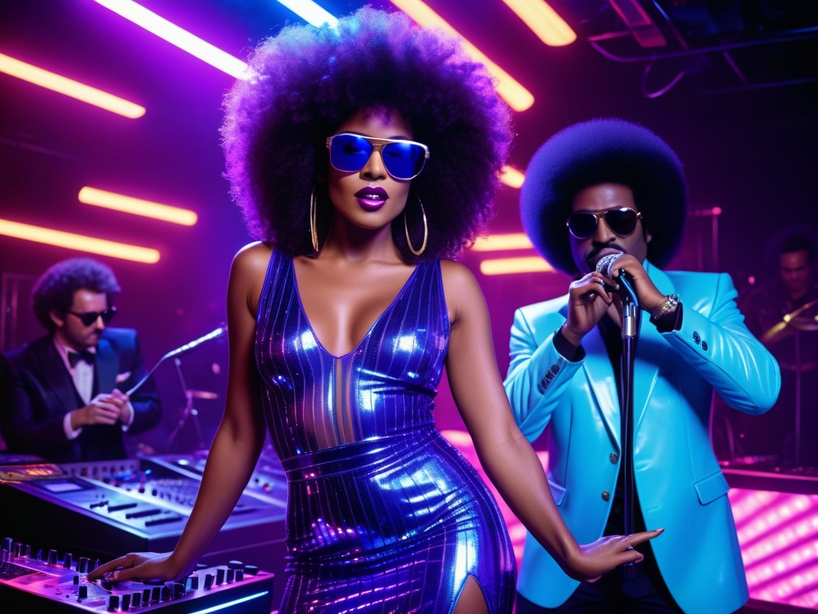 Neon-Lit Scene Featuring Stylish Woman and Musicians