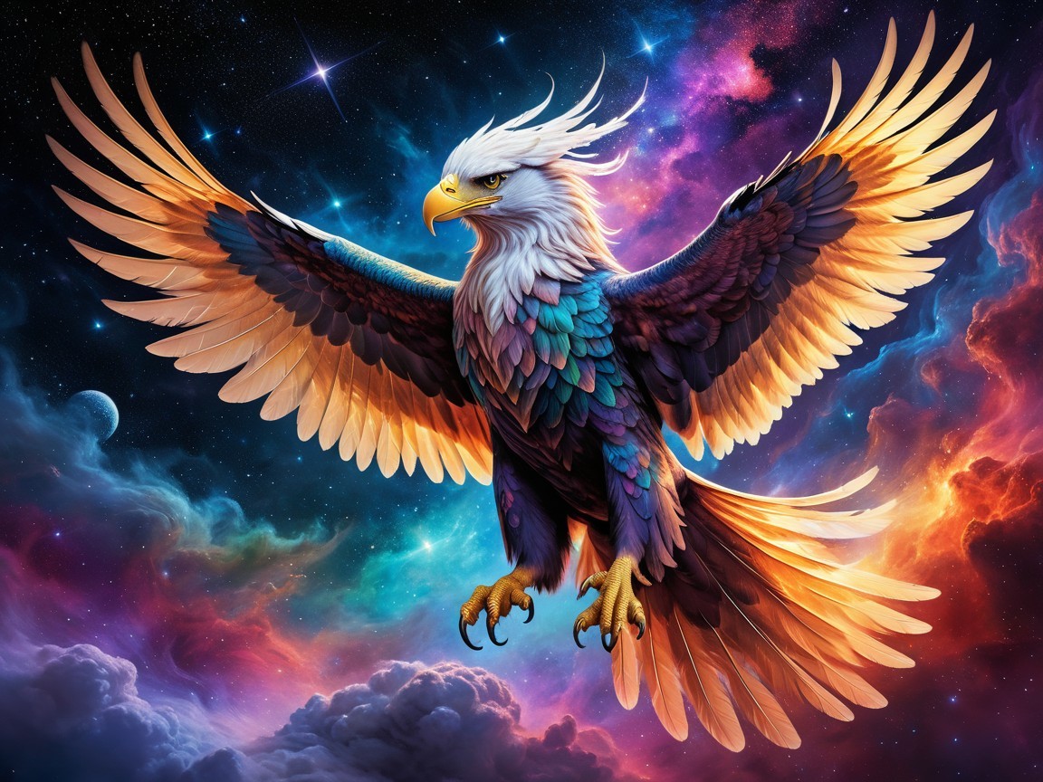 Majestic eagle with multicolored feathers in cosmos
