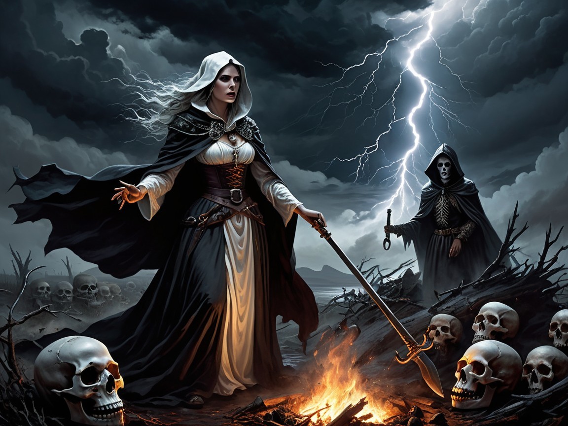 Mysterious Woman in Cloak Amidst Stormy Landscape