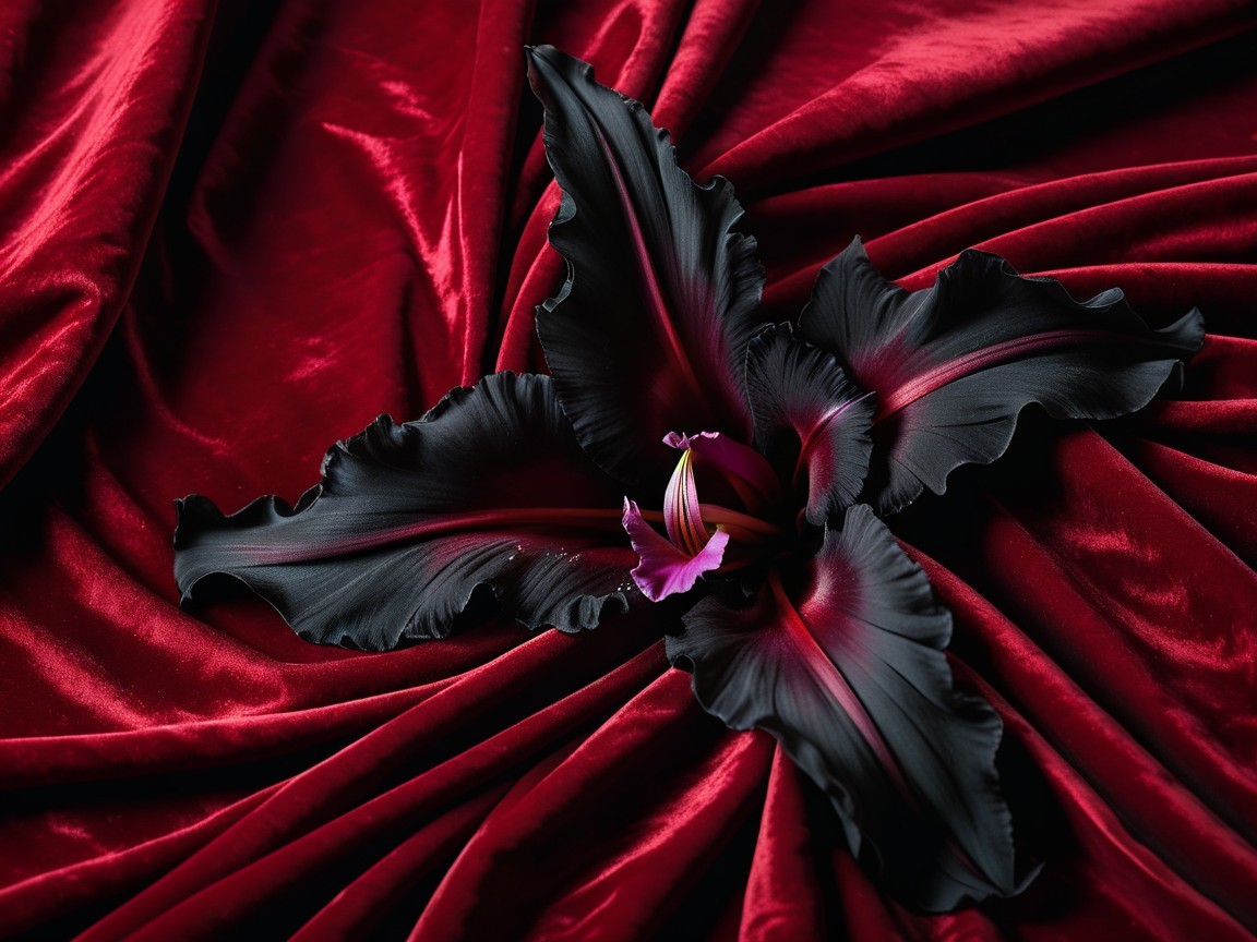 Bold Black Plant with Red Veins on Dark Velvet Fabric