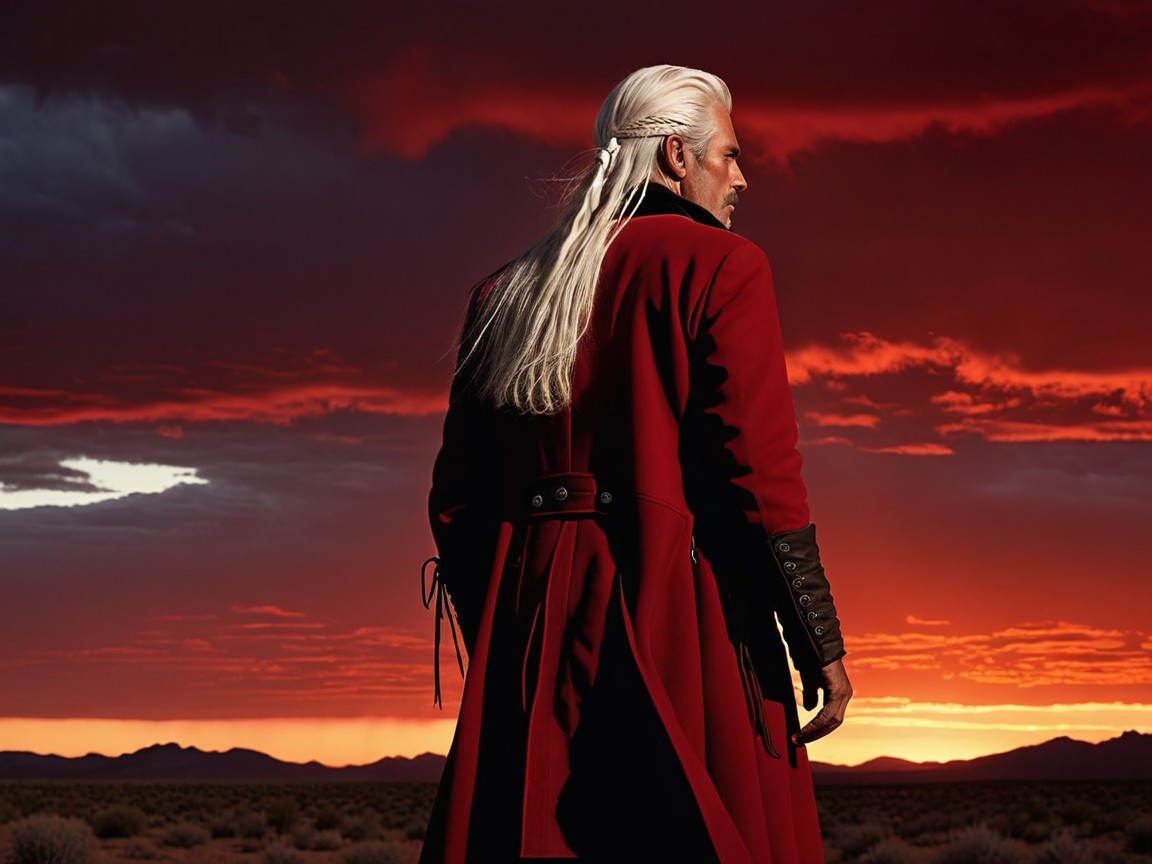 Figure in Red Coat Against Dramatic Sunset Landscape