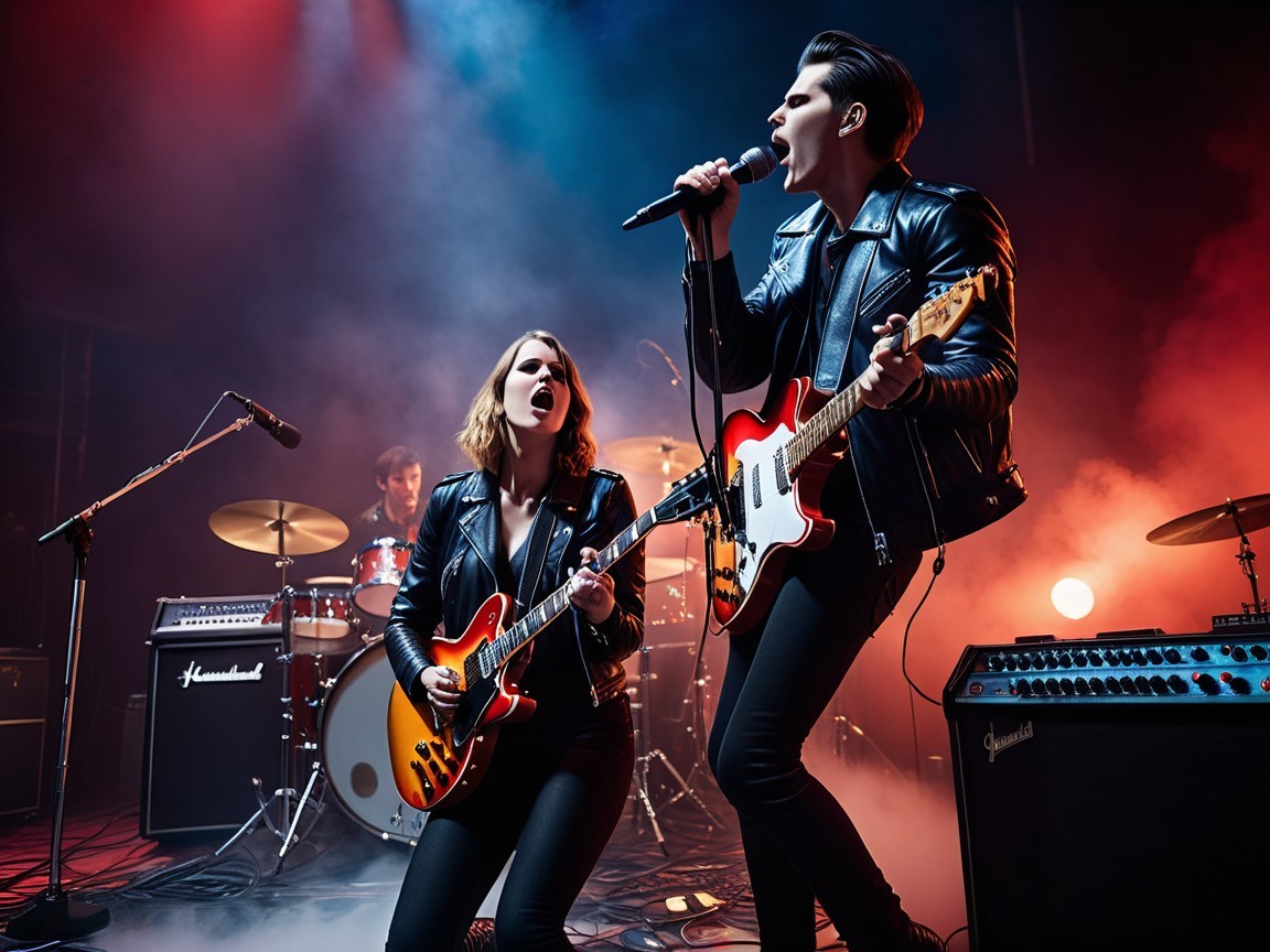 Dynamic Rock Band Performance with Colorful Stage Lights