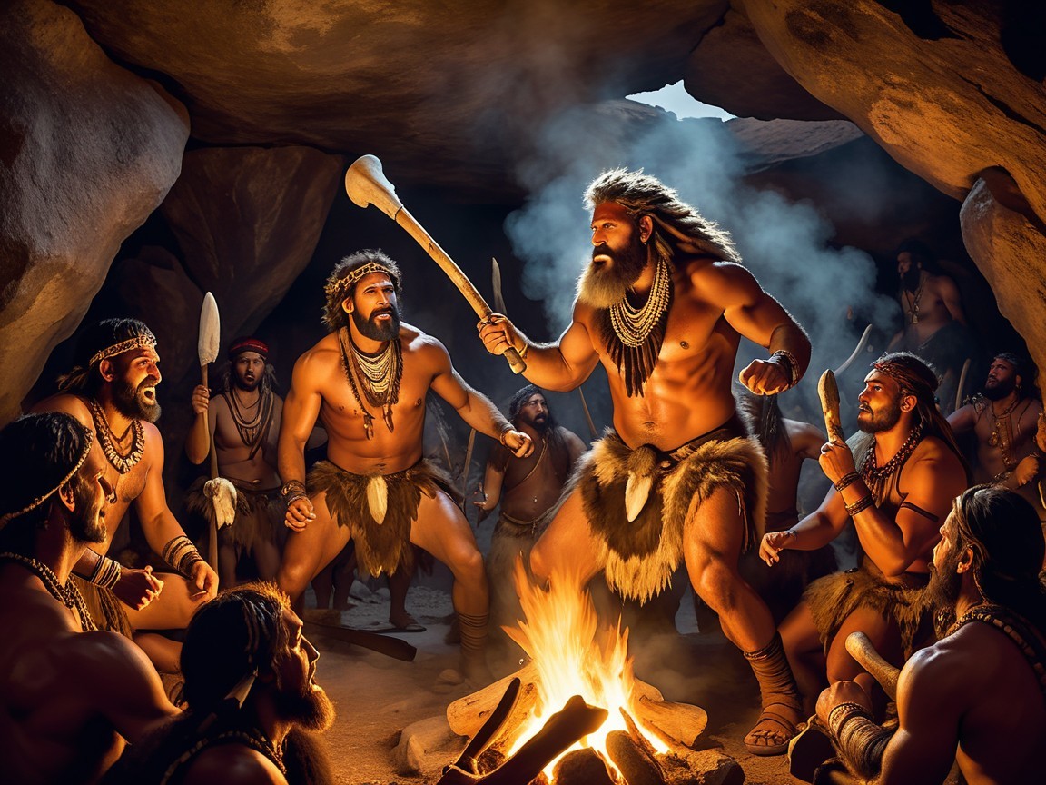 Muscular Men in Animal Skins Gather Around Fire in Cave