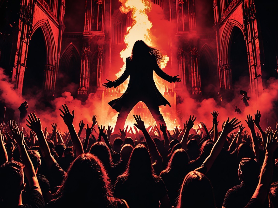 Gothic Cathedral on Fire with Silhouetted Figure
