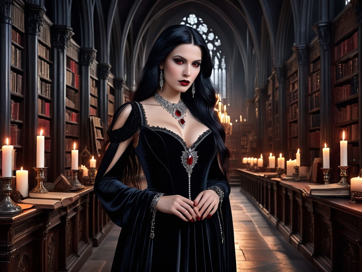 Gothic Library Scene with Mysterious Woman in Velvet Gown