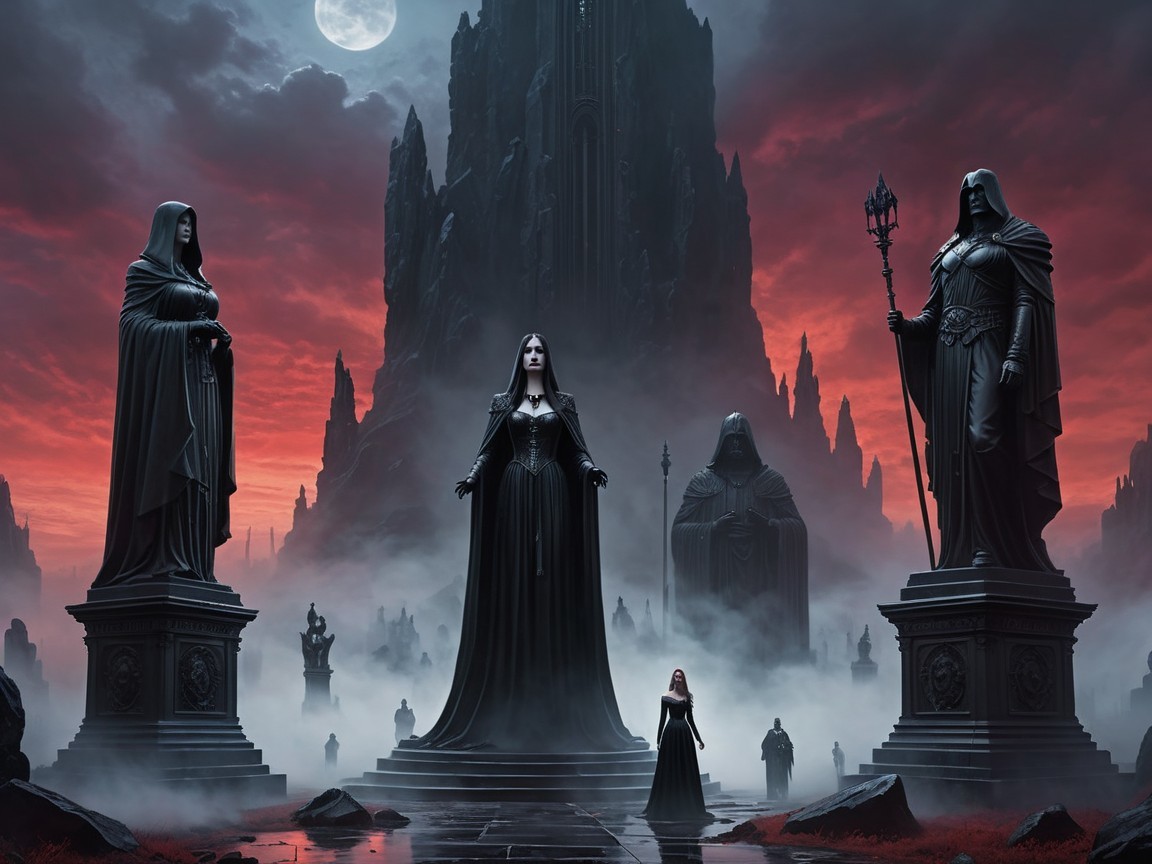 Gothic Scene with Cloaked Statues and Crimson Skies