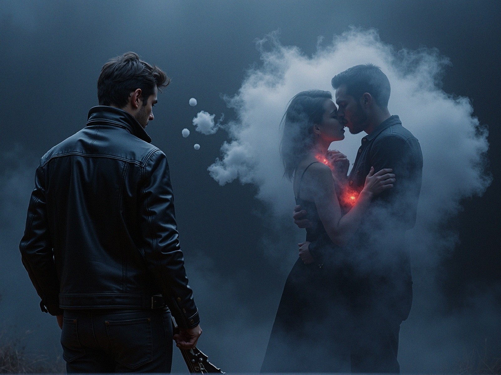 Moody Scene with Man and Couple in Smoky Atmosphere