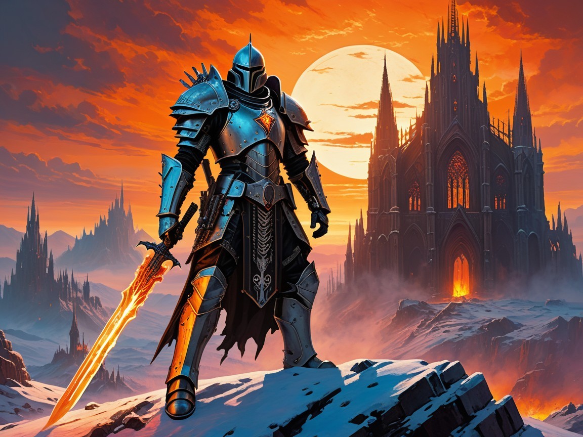 Knight in Armor with Fiery Sword at Gothic Castle