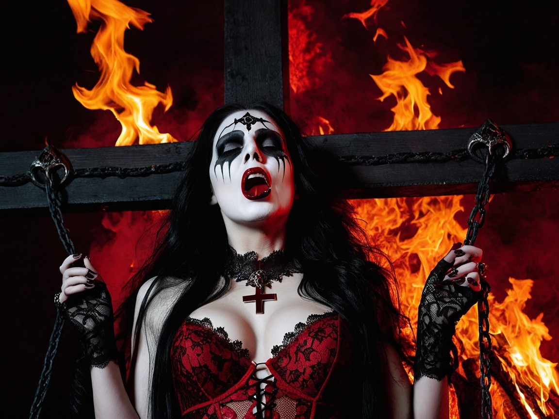 Gothic Scene with Woman in Red Lace and Flames