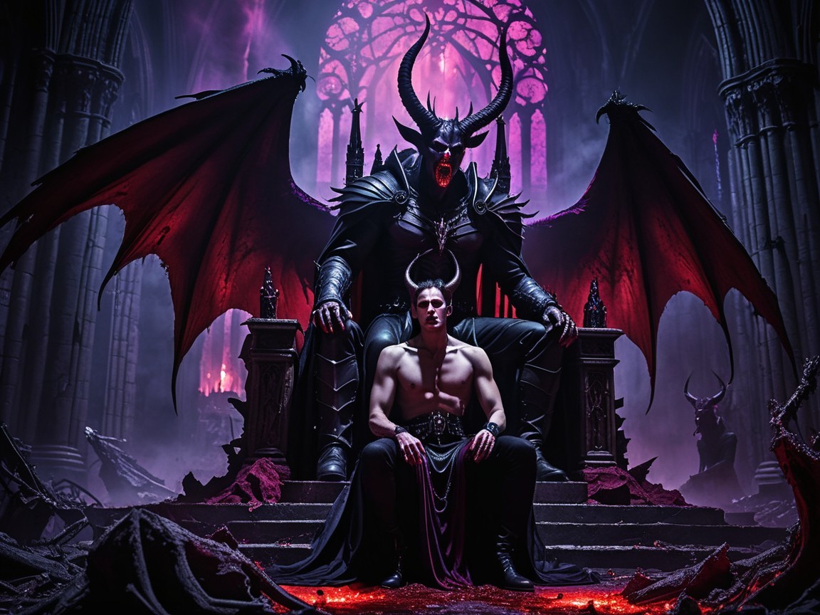 Gothic Cathedral Scene with Demonic Figure and Submission