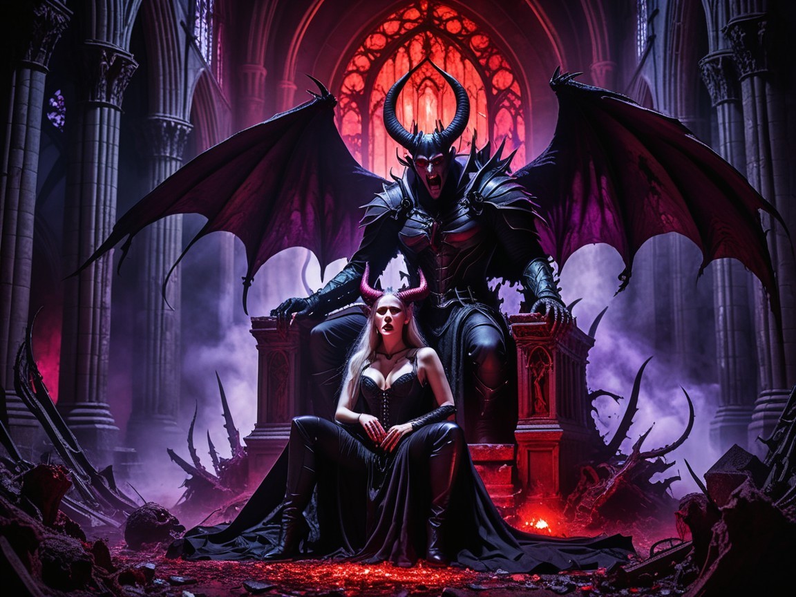 Gothic Cathedral Scene with Demon King and Regal Figure