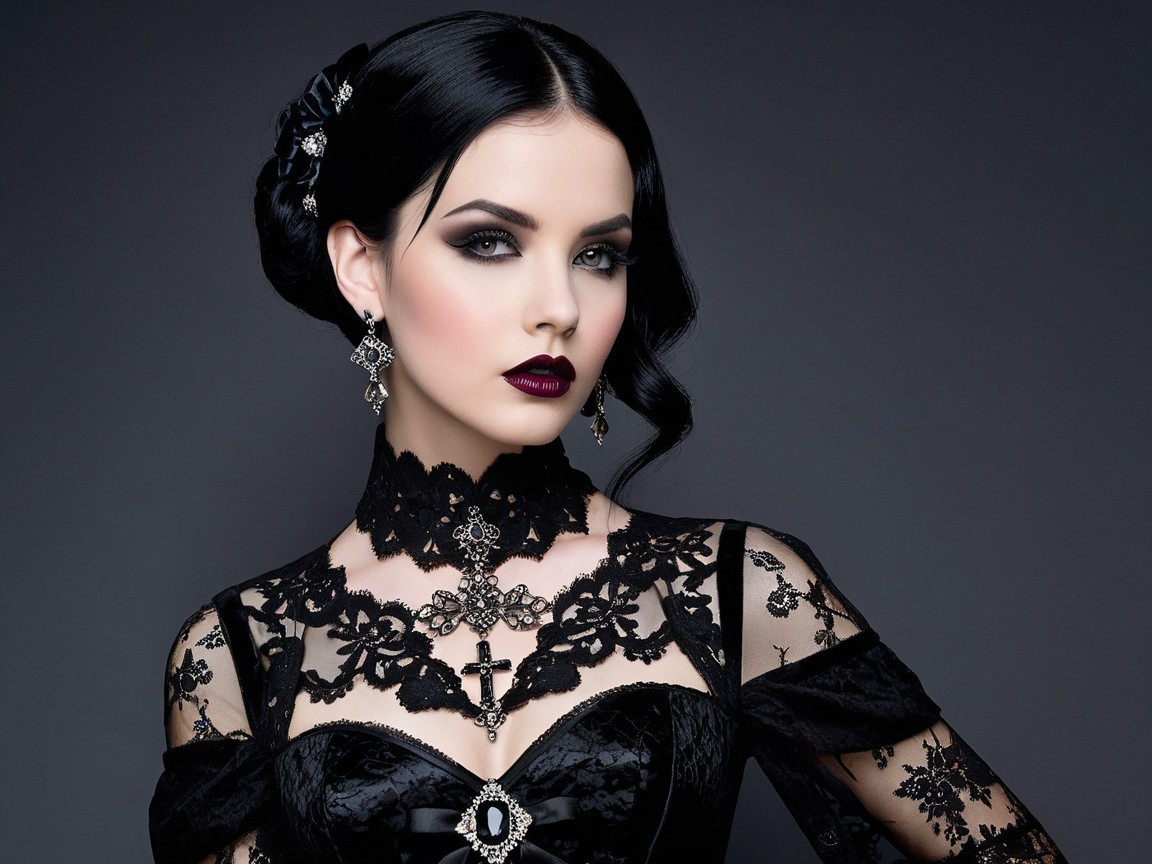 Elegant Woman in Black Lace Dress with Gothic Elements