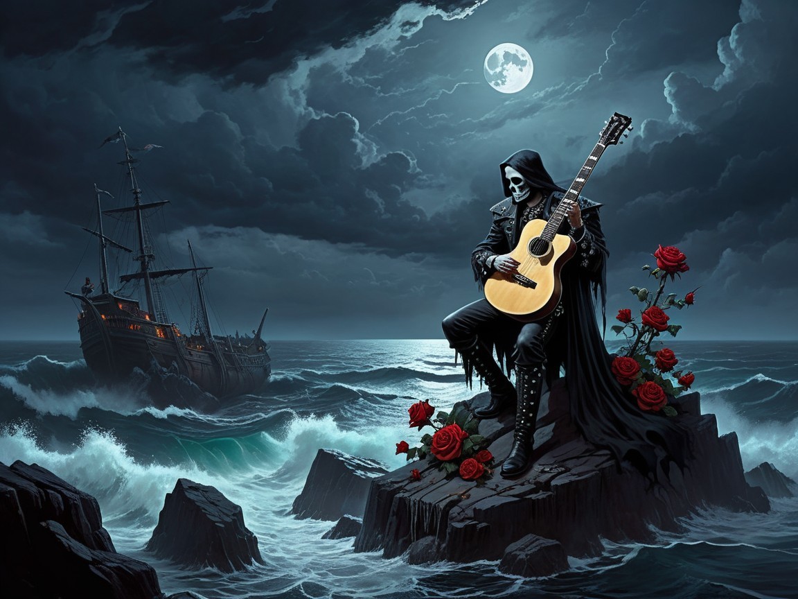 Cloaked figure with guitar among roses and ghostly ship