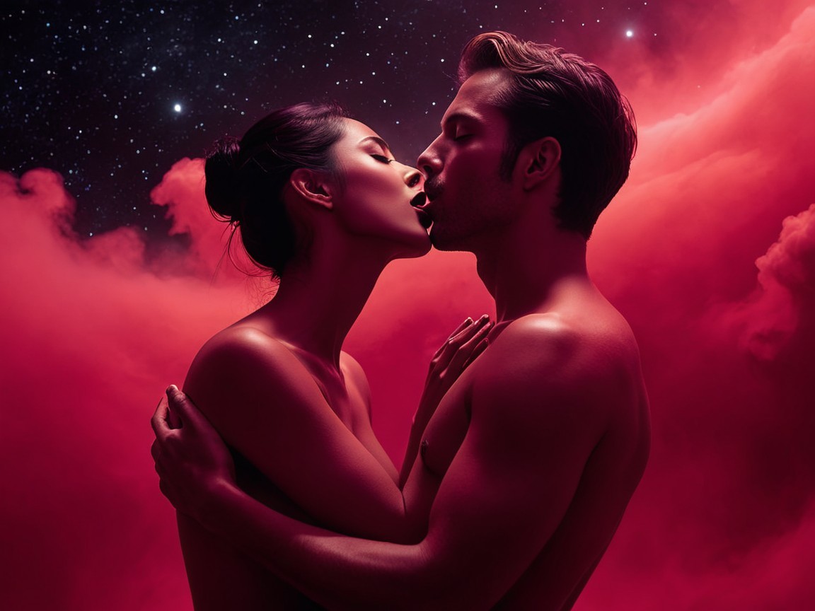 Couple Embracing Against Dramatic Colorful Clouds