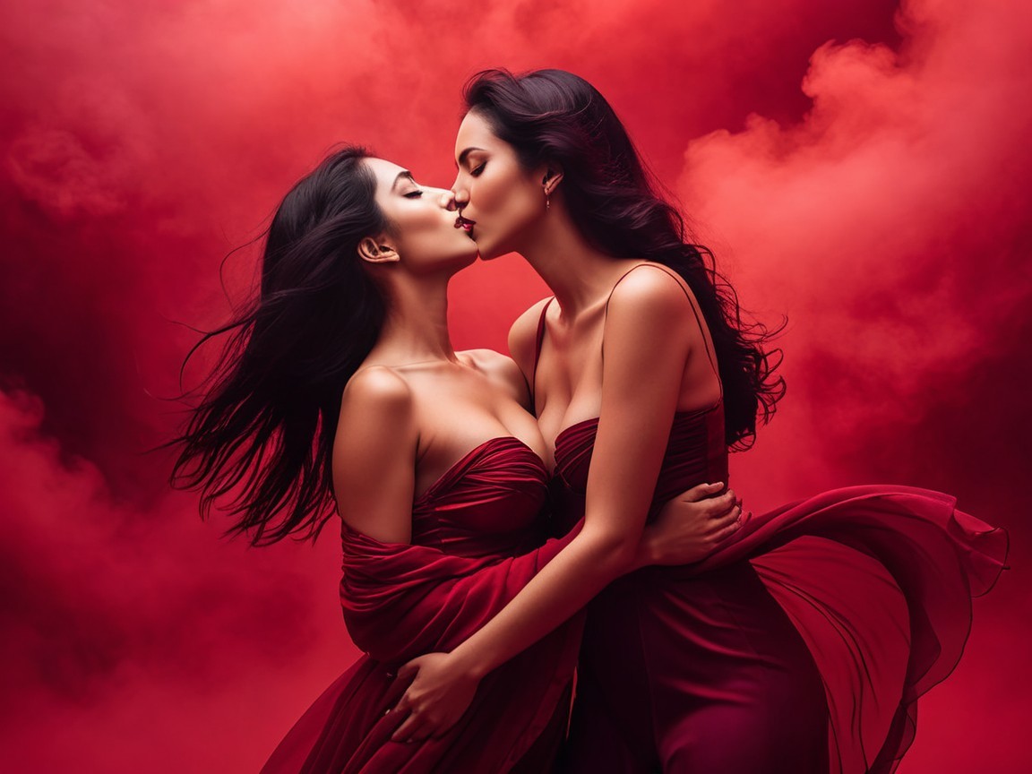 Two women in red gowns share a tender kiss