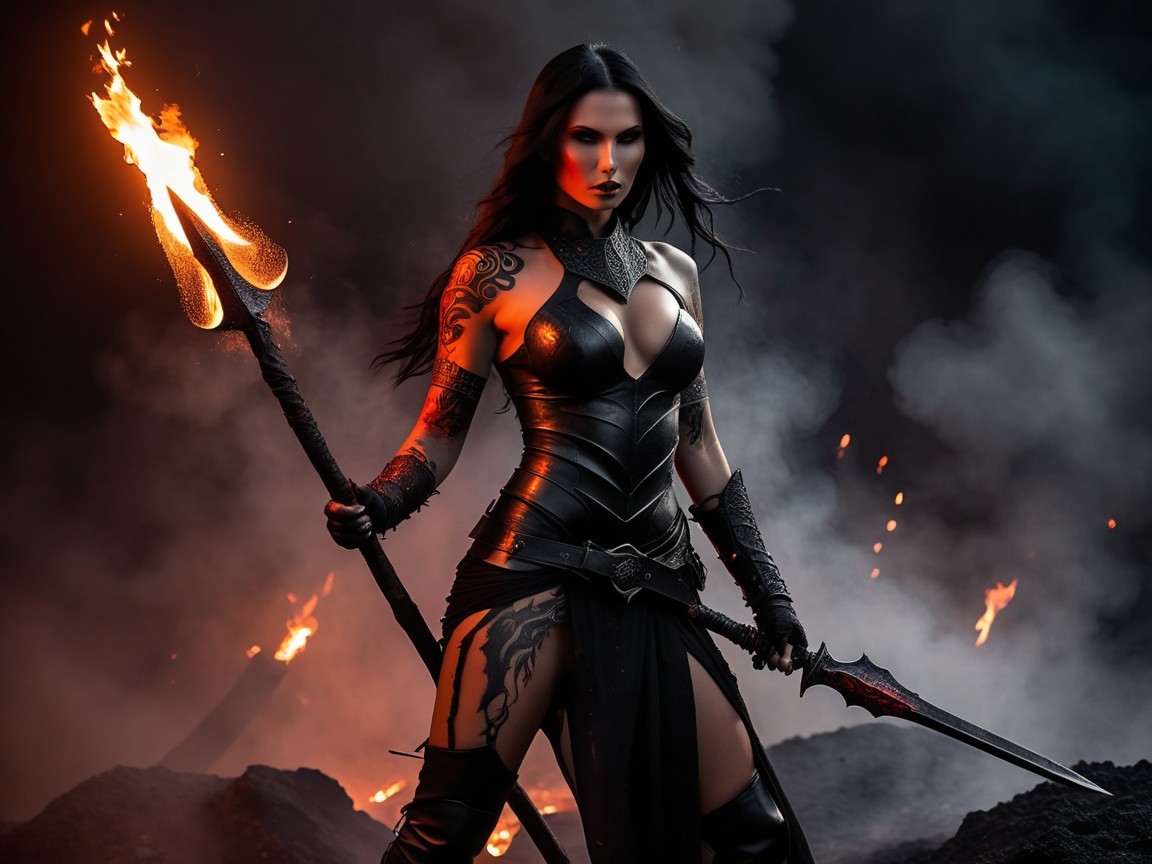 Powerful figure in black leather with weapons and intensity