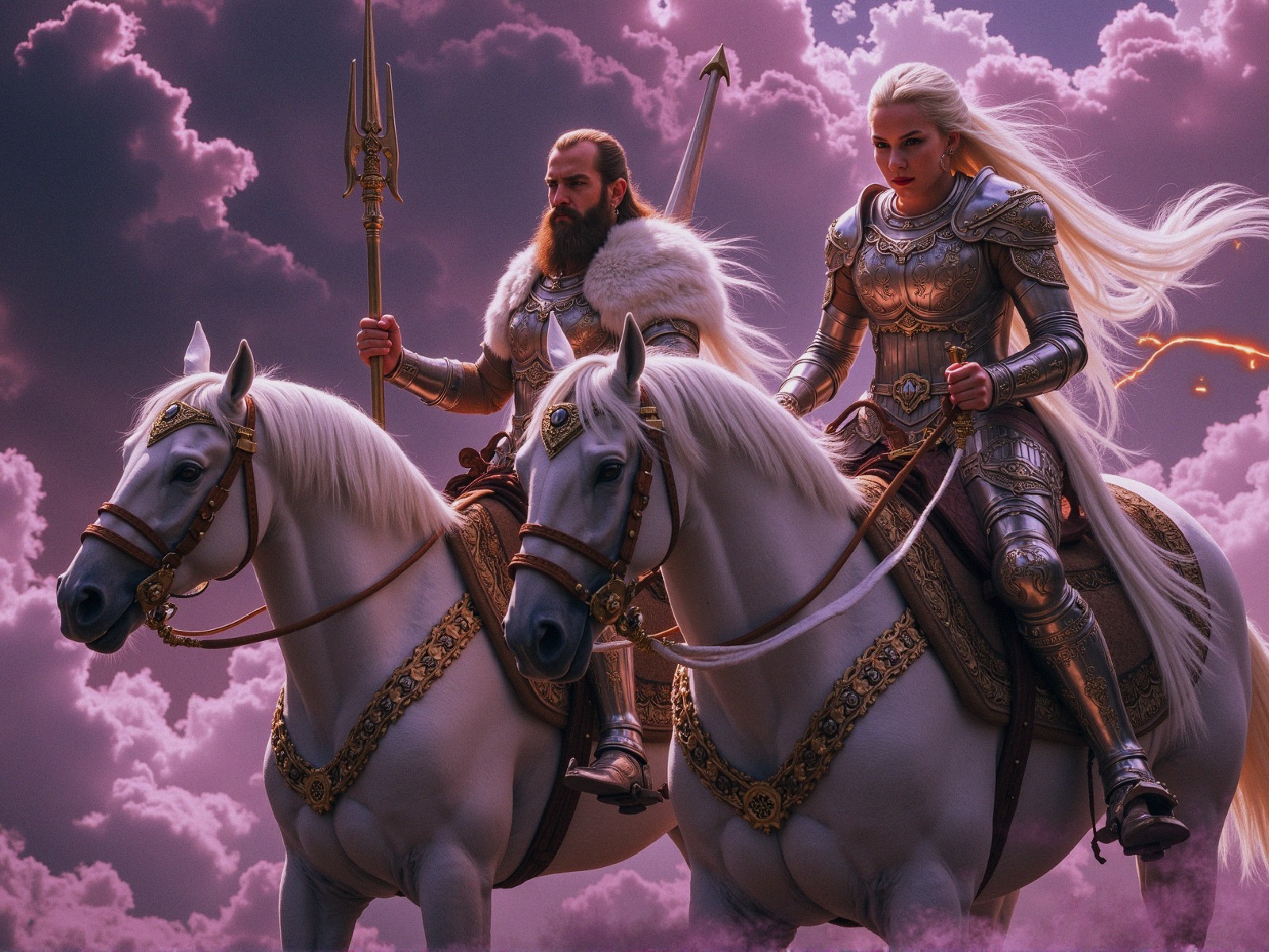 Duo on White Horses Against Dramatic Sky