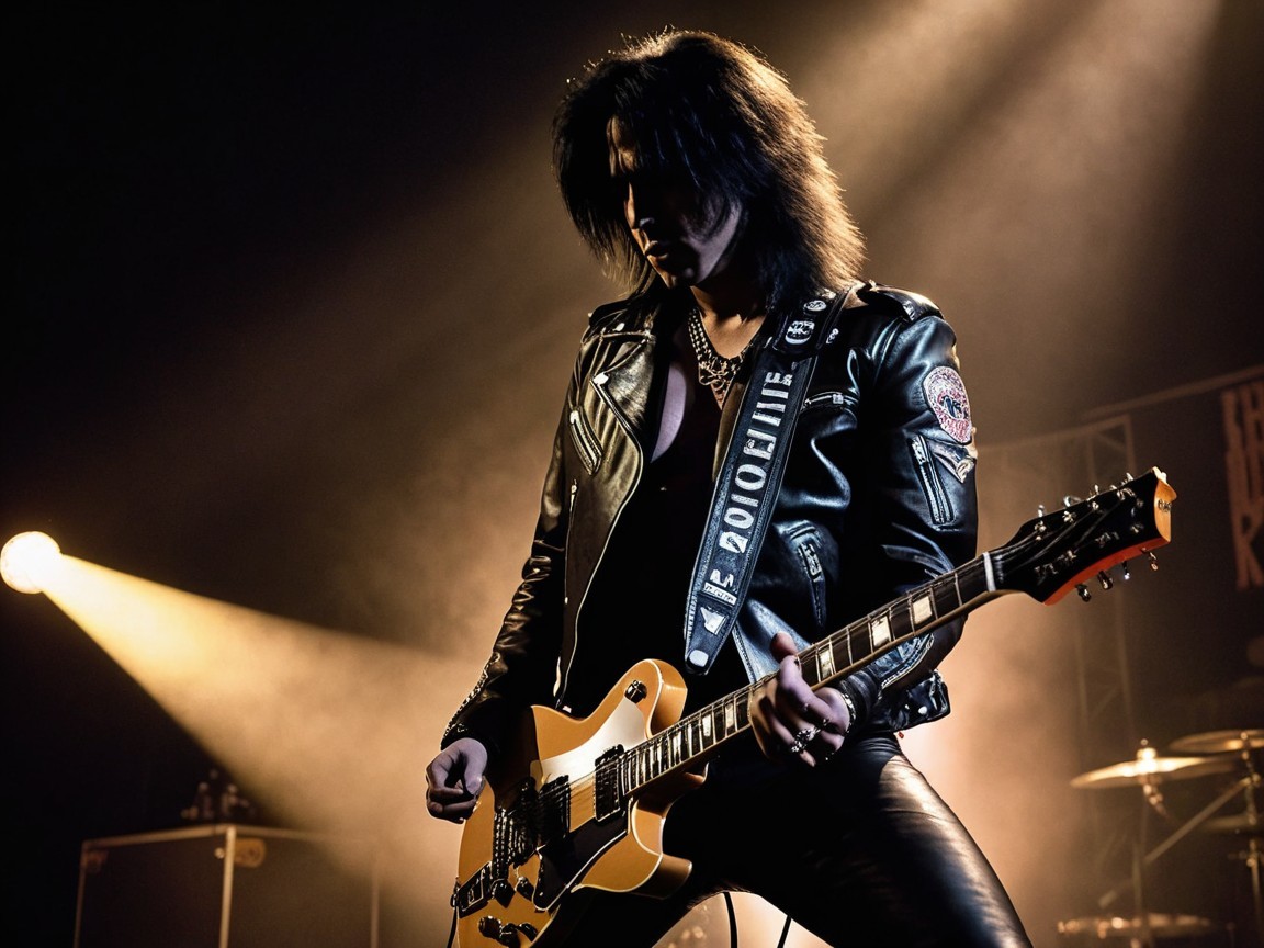 Musician in Black Leather Jacket Plays Electric Guitar