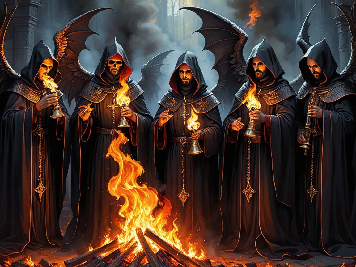 Hooded Figures with Wings Gather Around a Fire