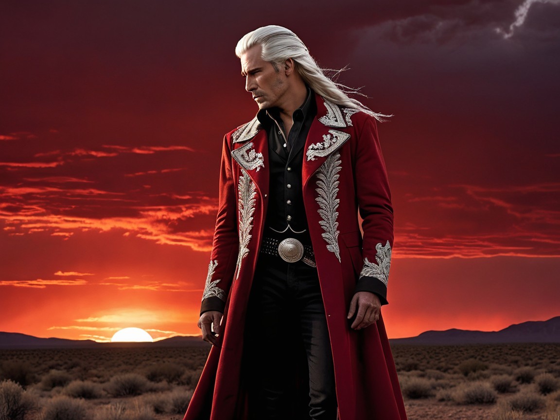 Figure in Red Coat in Desert at Sunset