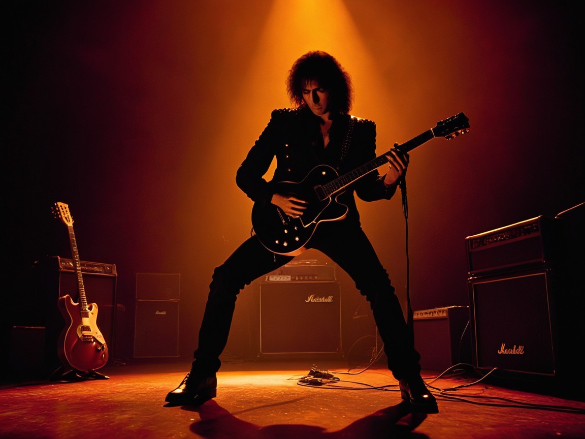 Guitarist in Dramatic Pose Under Orange Stage Lighting