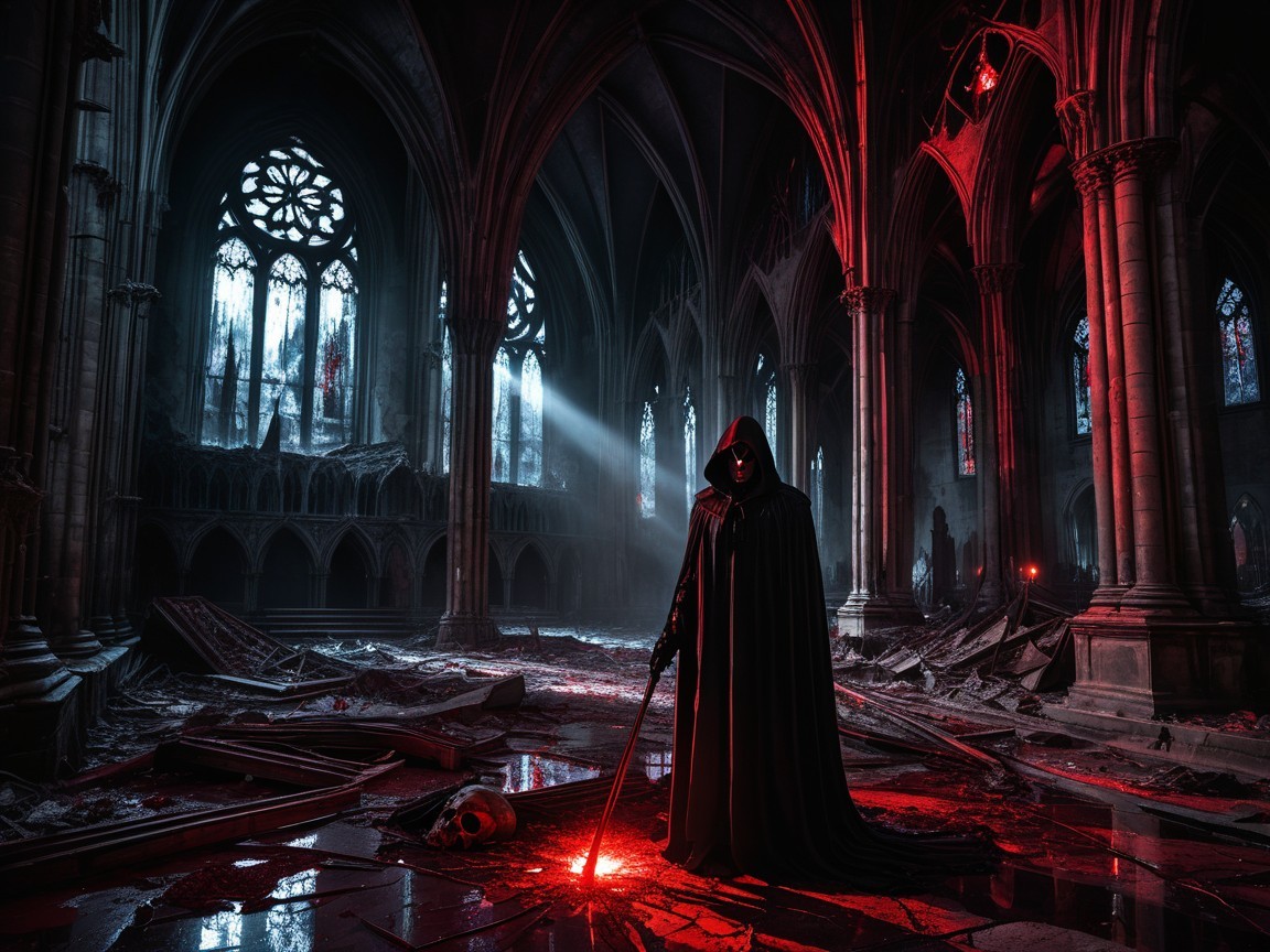 Gothic Cathedral with Cloaked Figure in Red Light