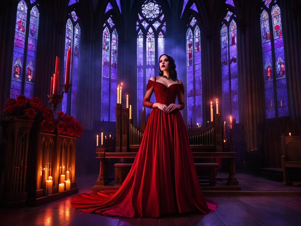 Gothic Cathedral Scene with Woman in Red Gown