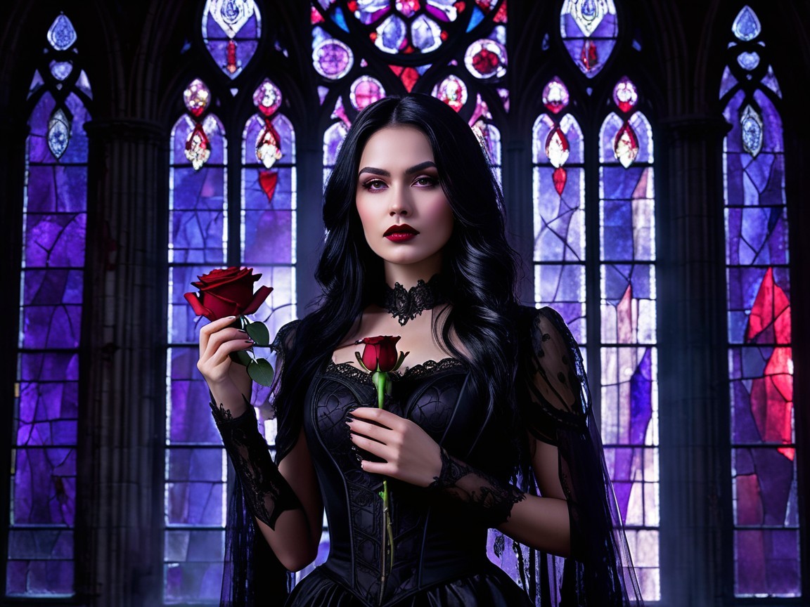 Elegant Woman in Gothic Setting with Stained Glass