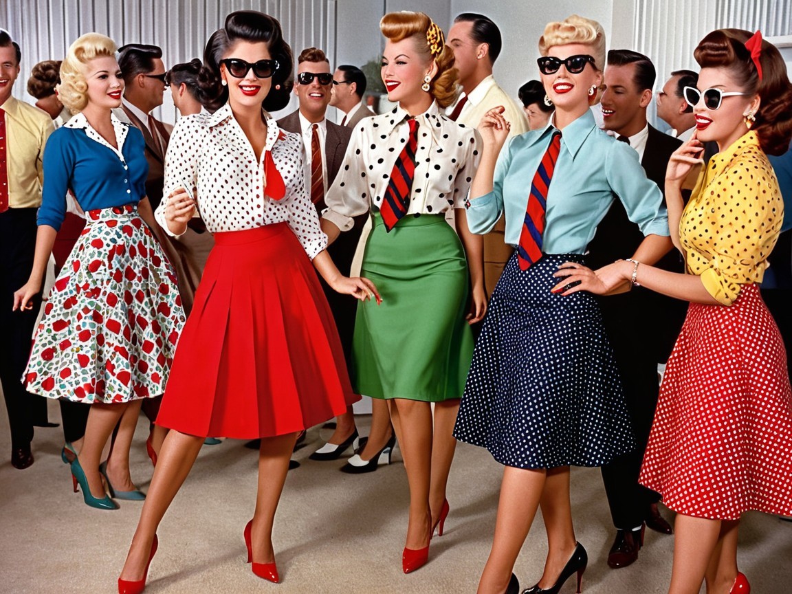 1950s Retro Scene with Stylish Women in Colorful Outfits