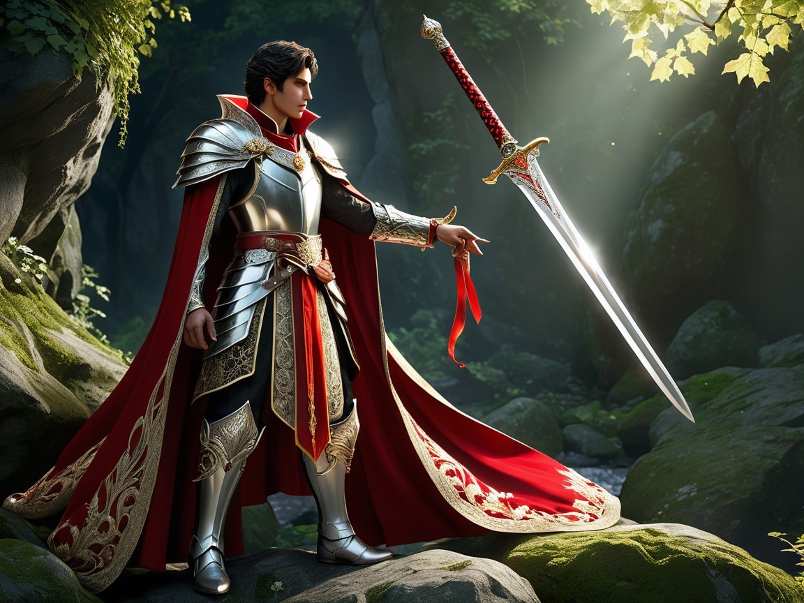 Heroic Knight in Silver Armor in Lush Forest Setting