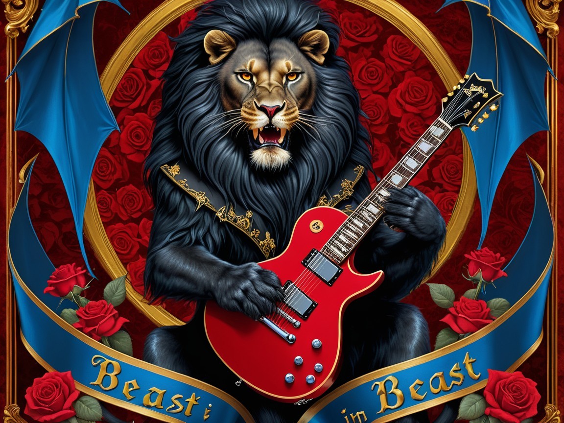 Lion with Guitar Surrounded by Roses and Wings
