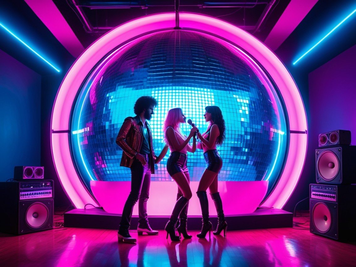 Neon-lit Performance with Disco Ball and Vibrant Lights