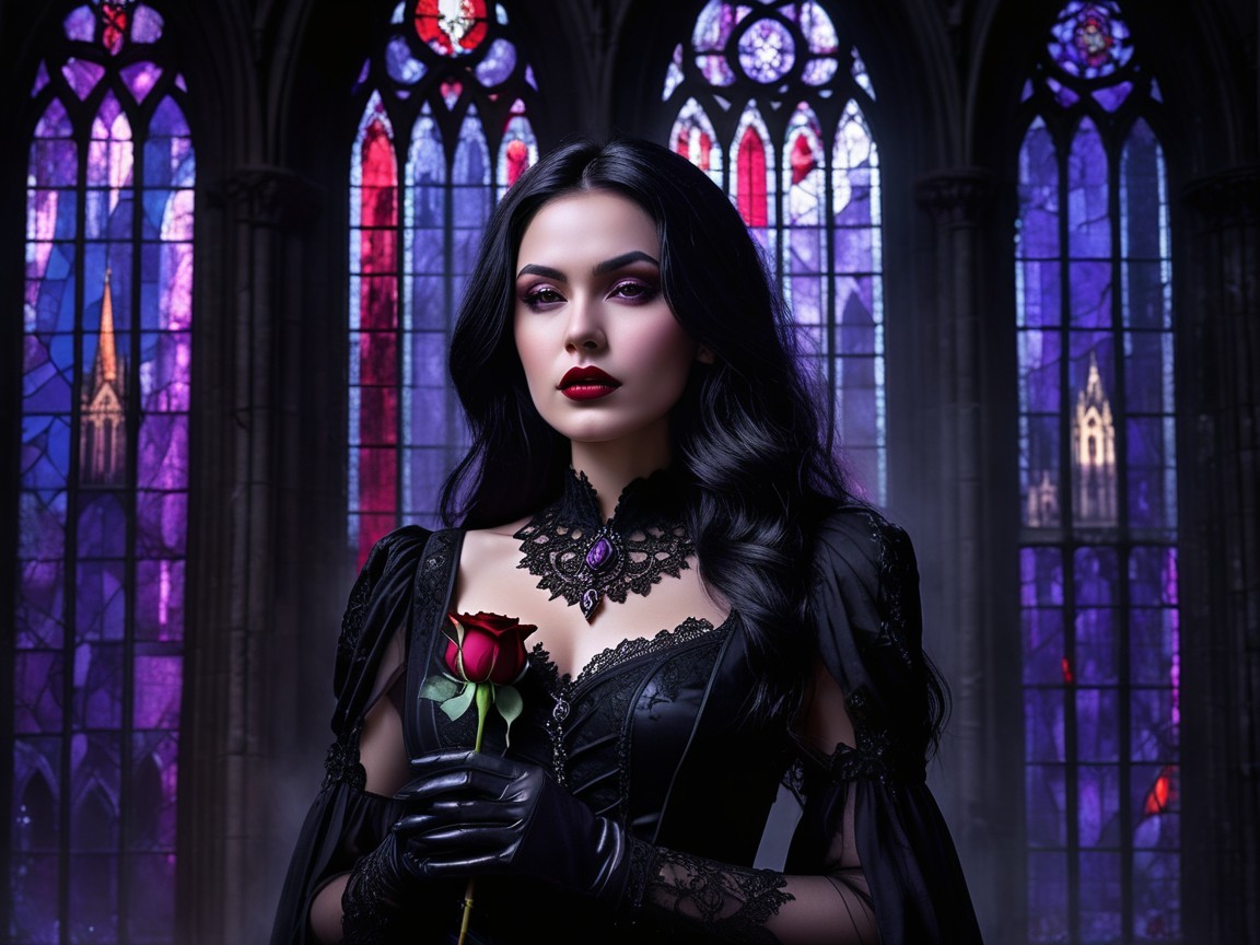 Elegant Woman in Dark Dress with Red Rose and Stained Glass