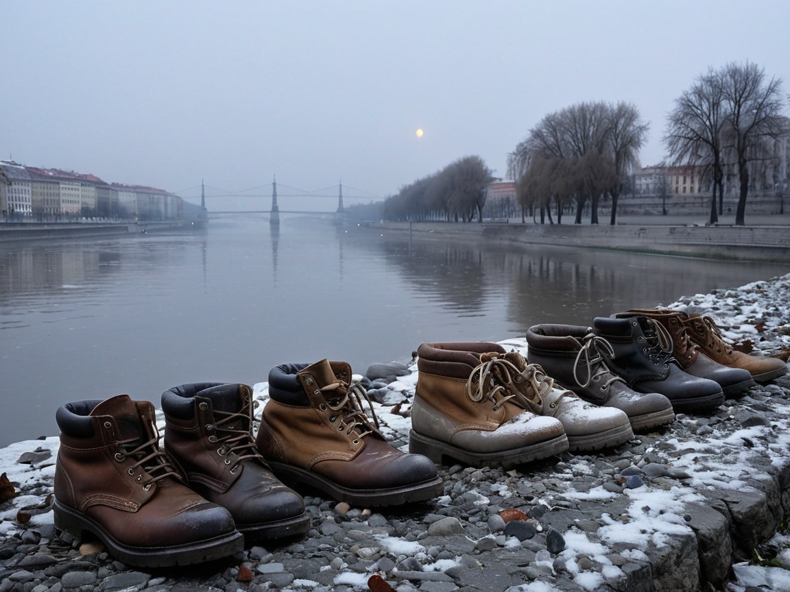 Worn Boots by a Serene Riverbank in Winter Mist