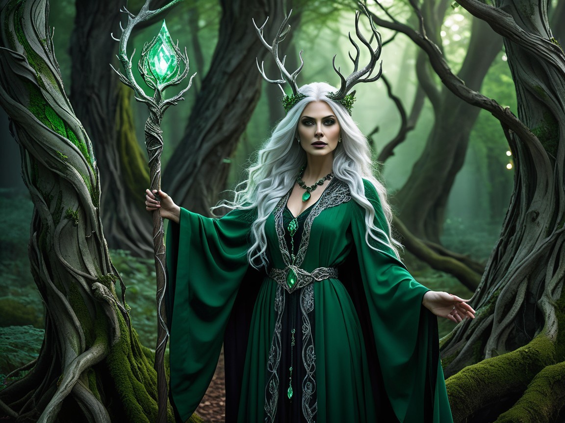 Regal Figure in Green Gown in Mystical Forest Setting