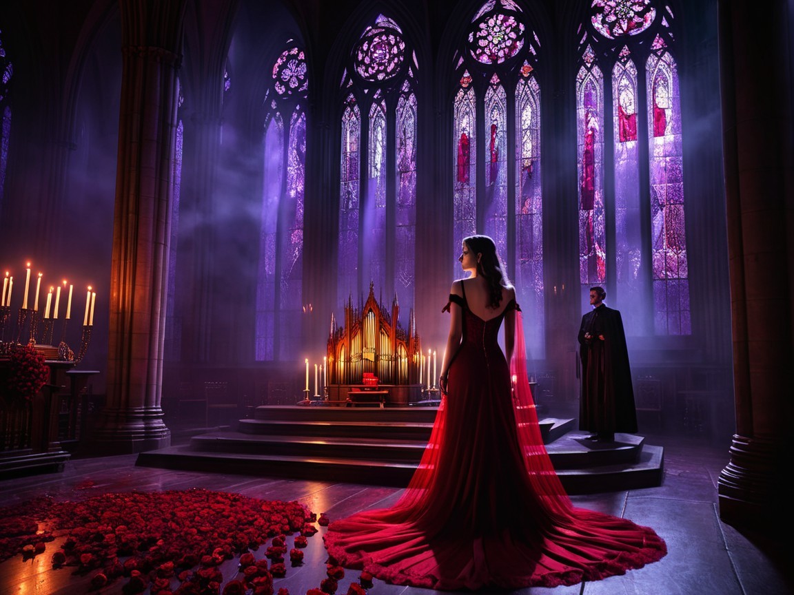 Cathedral Scene with Figure in Red Gown and Shadows