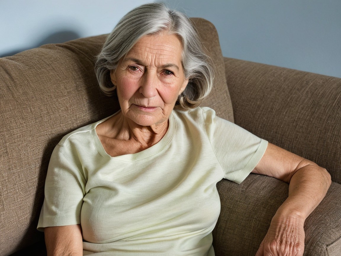 Elderly Woman in Calm Reflection on Brown Couch