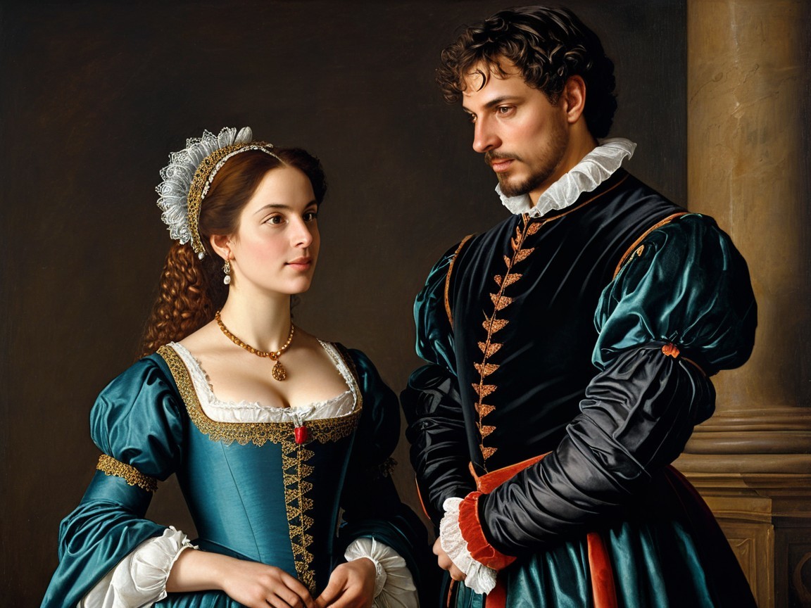 Renaissance Noble Couple in Turquoise and Black Attire