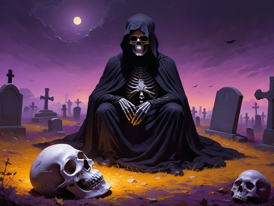 Cloaked Skeleton in a Twilight Graveyard Scene