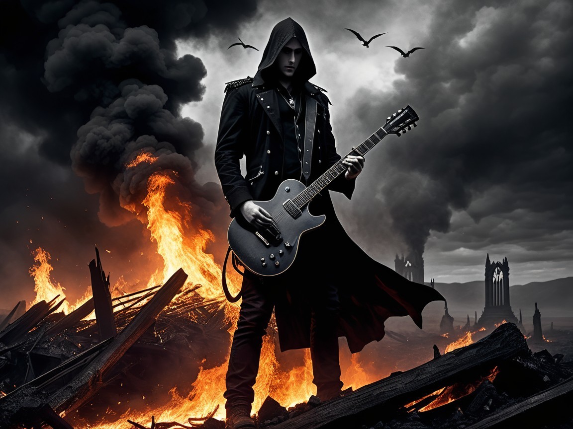 Hooded Figure with Guitar in Fiery Landscape